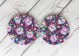 Wooden Earrings - Halloween Day of the Dead purple skull flowers